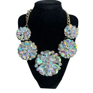 Iridescent AB Rhinestone Floral Statement Necklace Gold Tone Bib Glam